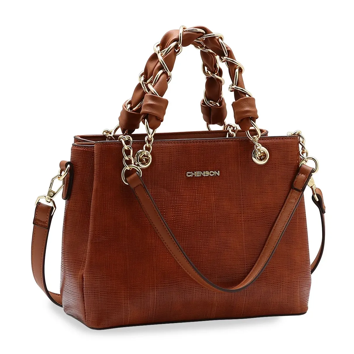 Bolsa casual feminina Chenson marrom com alças trançadas e detalhes em metal dourado vista frontal direita
